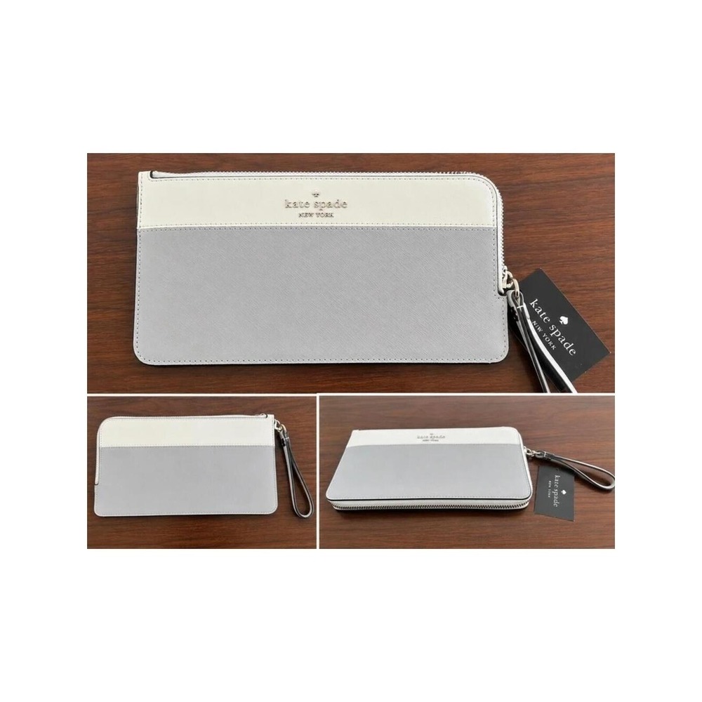 Kate Spade Lucy Wristlet Grey Cream NWT Leather Zip Pouch Wallet